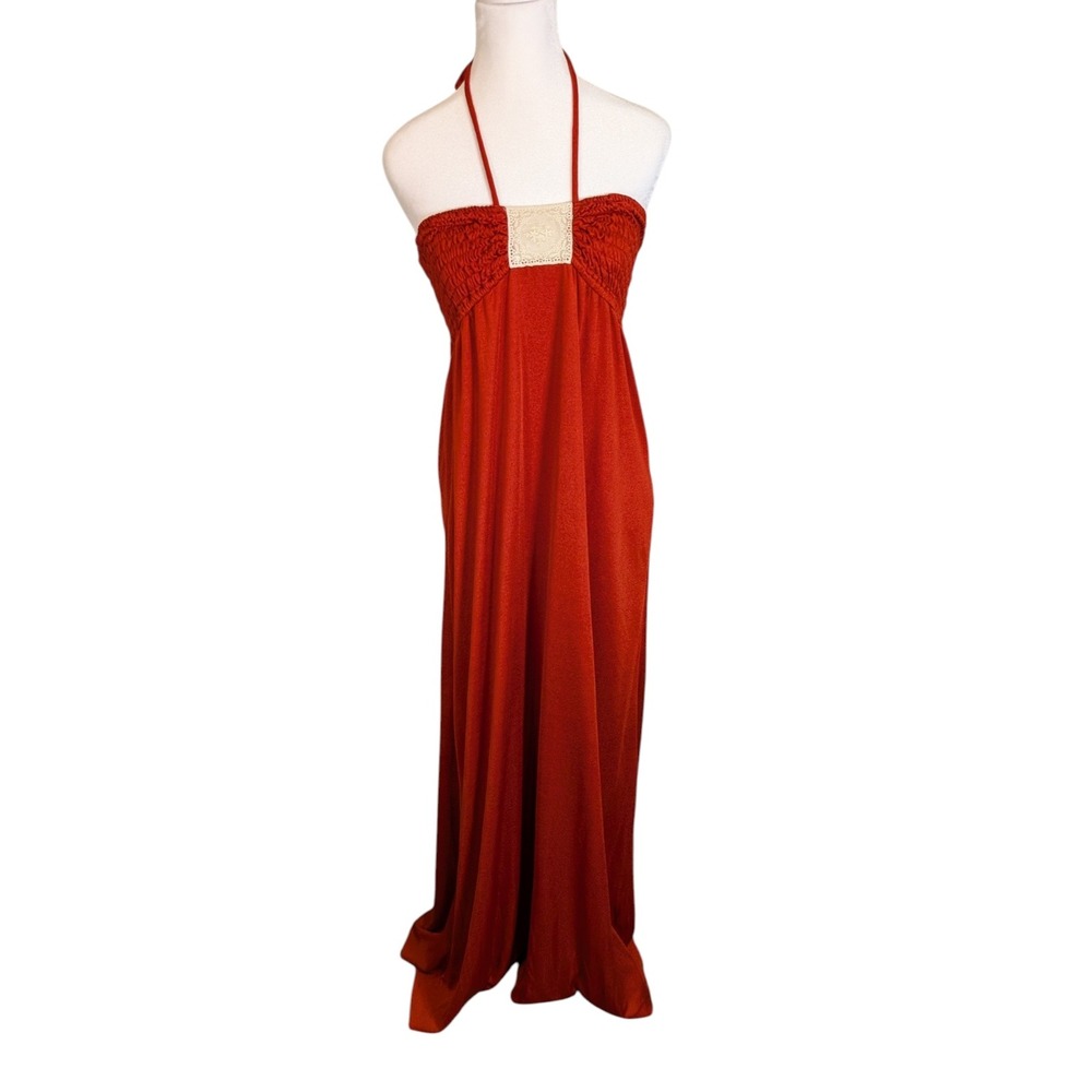 Vintage Roberta California Halter Maxi Dress Rust Red‎ Smocked Lace Inset Boho